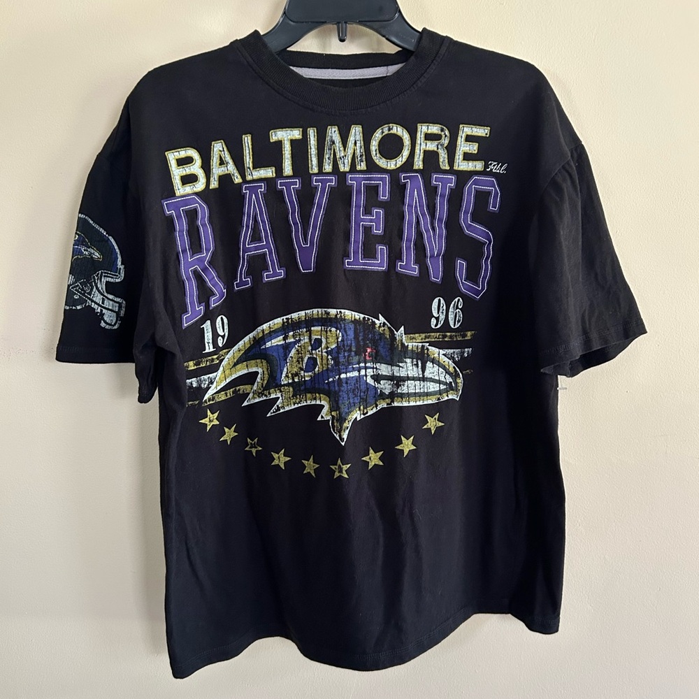 NFL Baltimore Ravens Black and Purple Distressed Short Sleeve T-shirt Mens LG